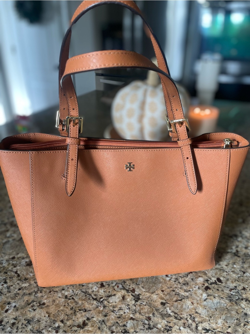 Tory Burch Emerson Medium Buckle Tote Cognac Brown Saffiano Leather